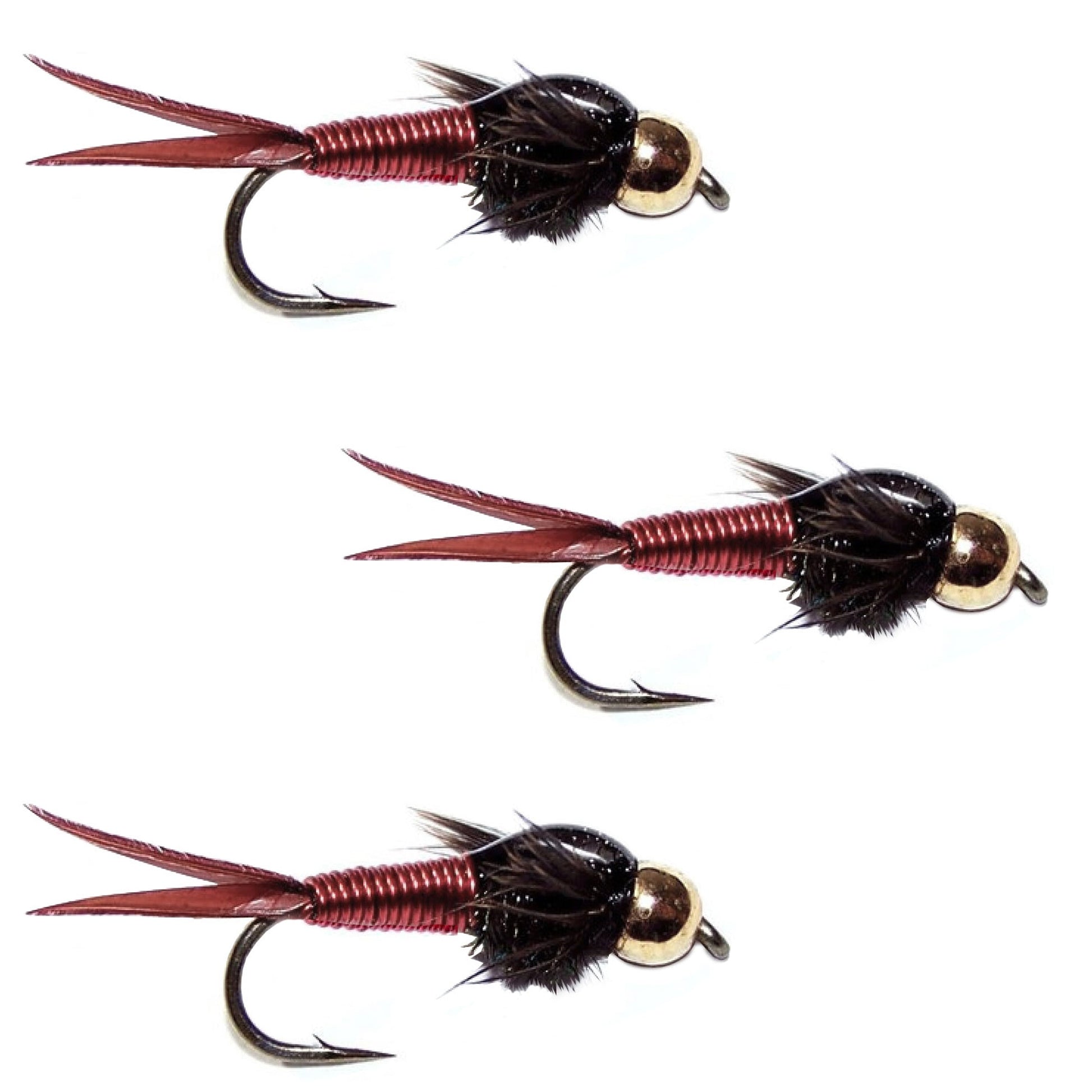 3 Pack Bead Head Red Copper John Nymph Fly Fishing Flies - Hook Size 12