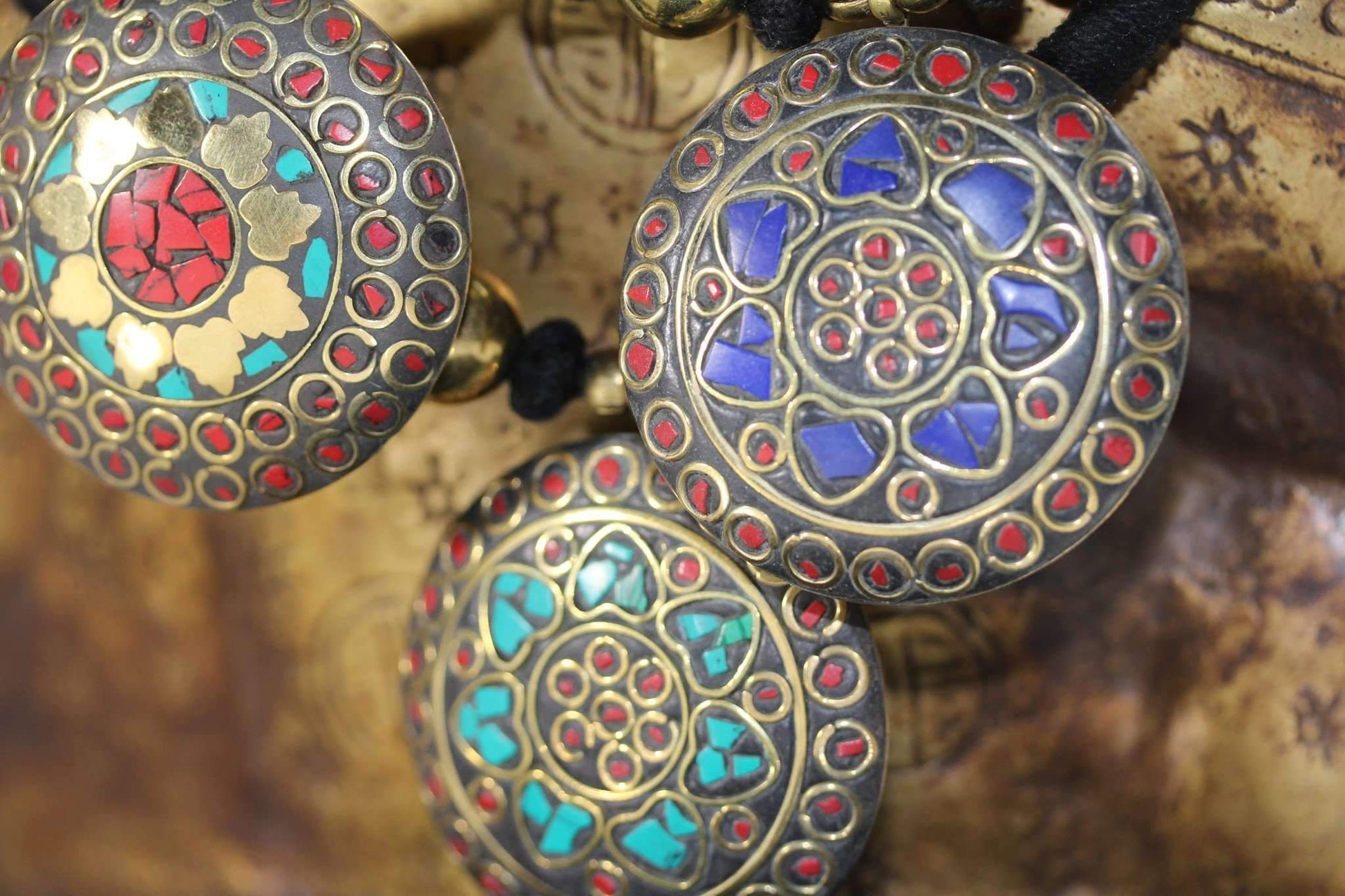 Mosaic Medallion Necklace Colorful Handplaced Brass Pendant