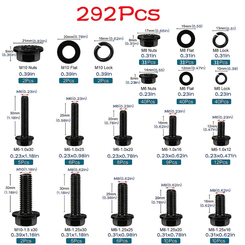 M6/M8/M10 Flange Bolt Kit (549PCS) | 8.8 Alloy Steel | Hex Bolts, Nuts & Washers