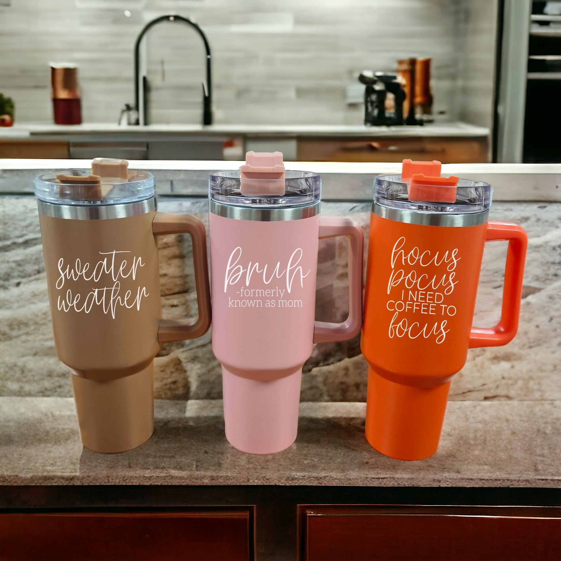 40oz Pink Insulated Tumbler With Handle, Lid and Straw, Funny Bruh Mom Cup