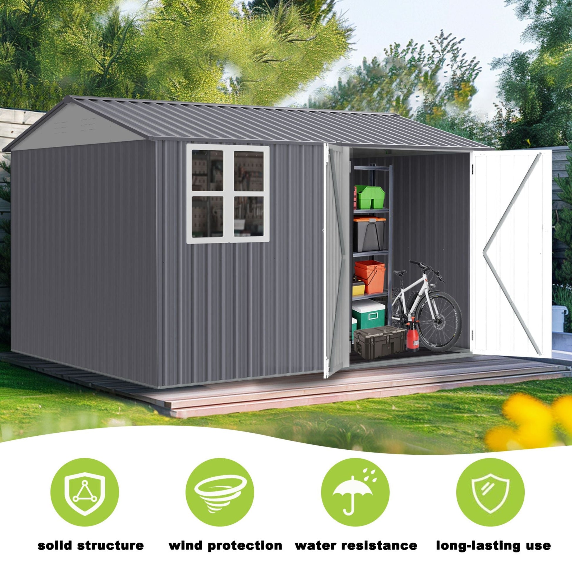 [08X10FT] Alora Outdoor Garden Tool Shed With Thickened Galvanized Steel, Sloped Roof, Vents And Double Lockable Doors (SAK66582)