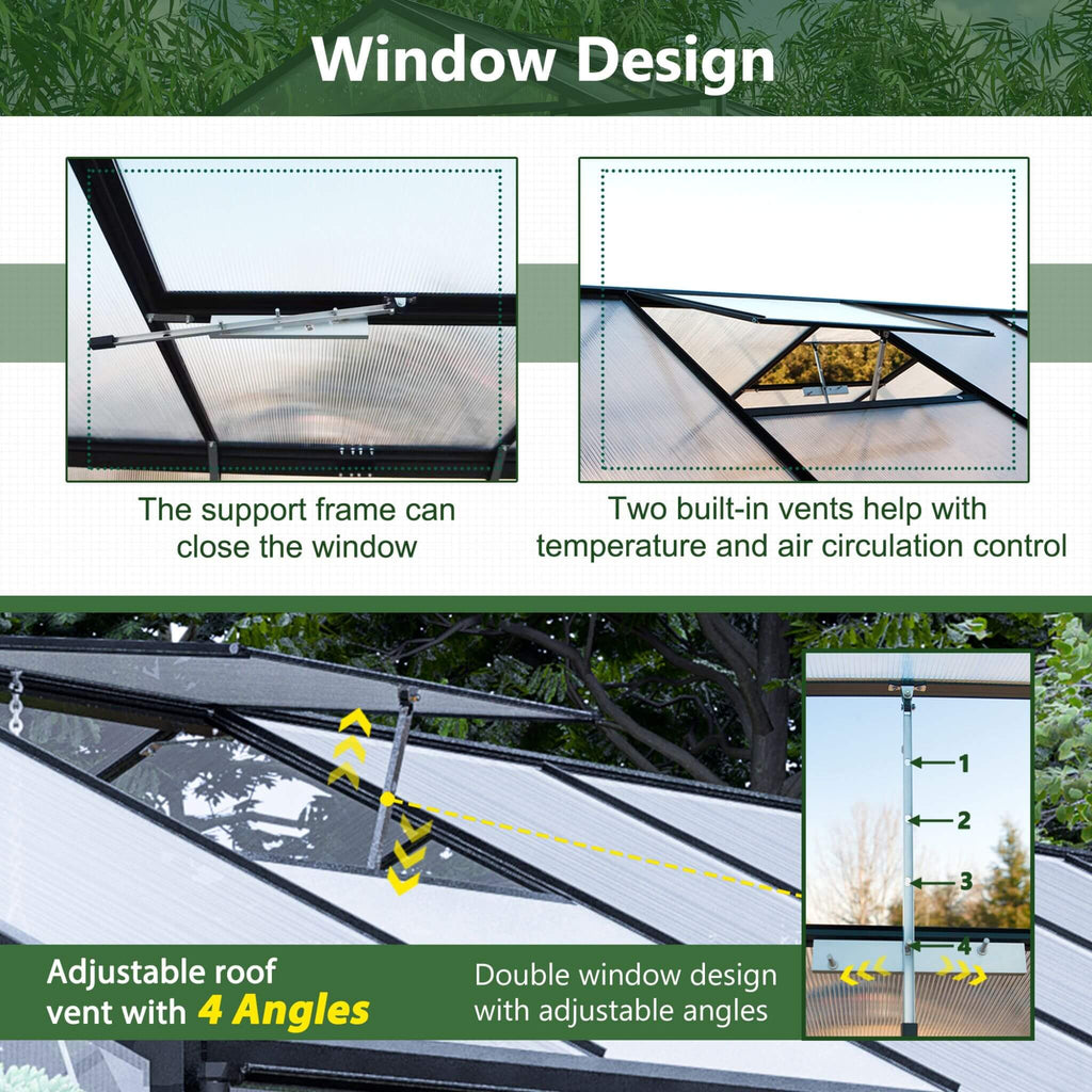 [08X12FT] Large Outdoor Heavy-Duty Polycarbonate Walk-In Greenhouse With Double Swing Doors And Two Ventilation Windows (SAK73651)