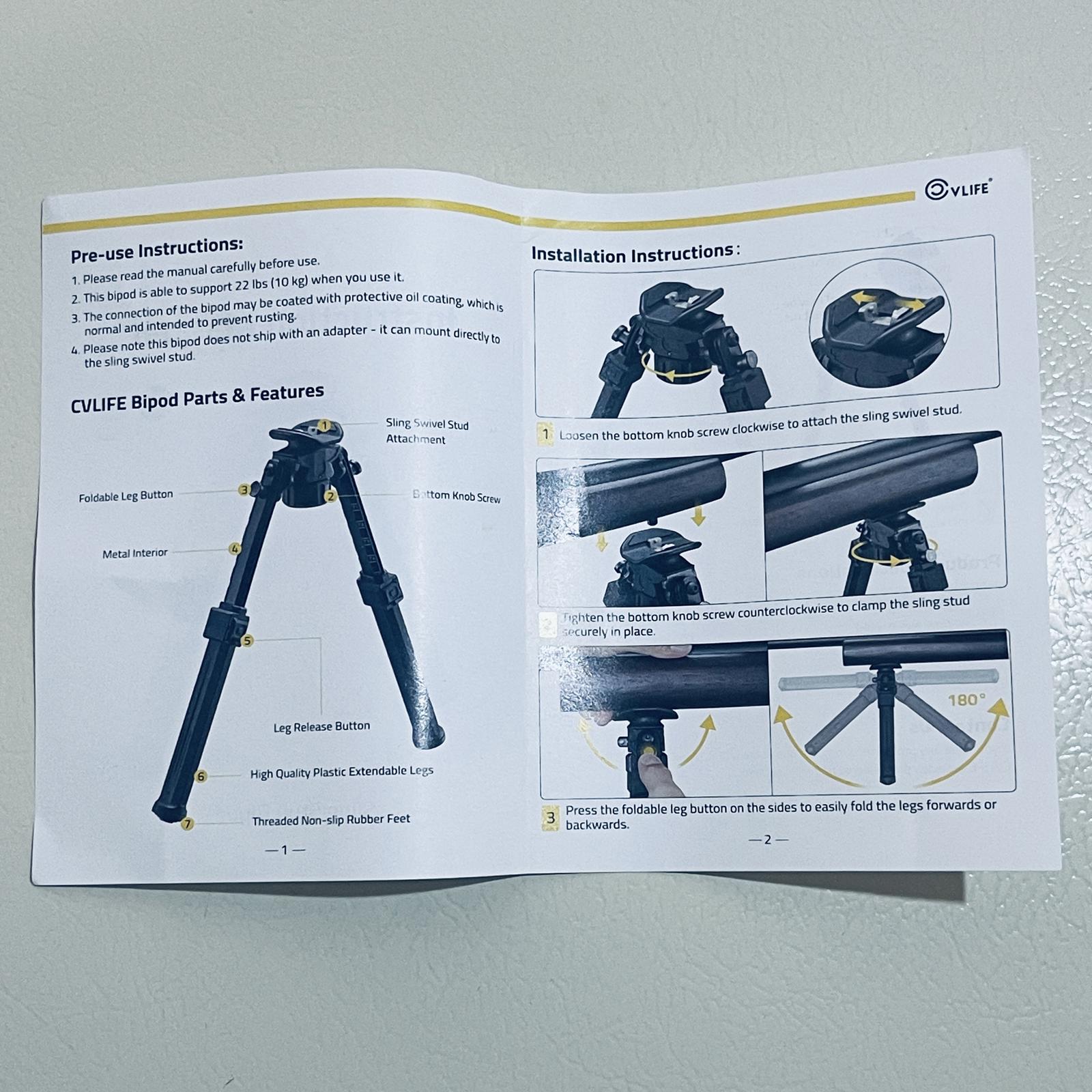 CVLIFE Adjustable Sling Stud Bipod 7.5-10.6 Inches