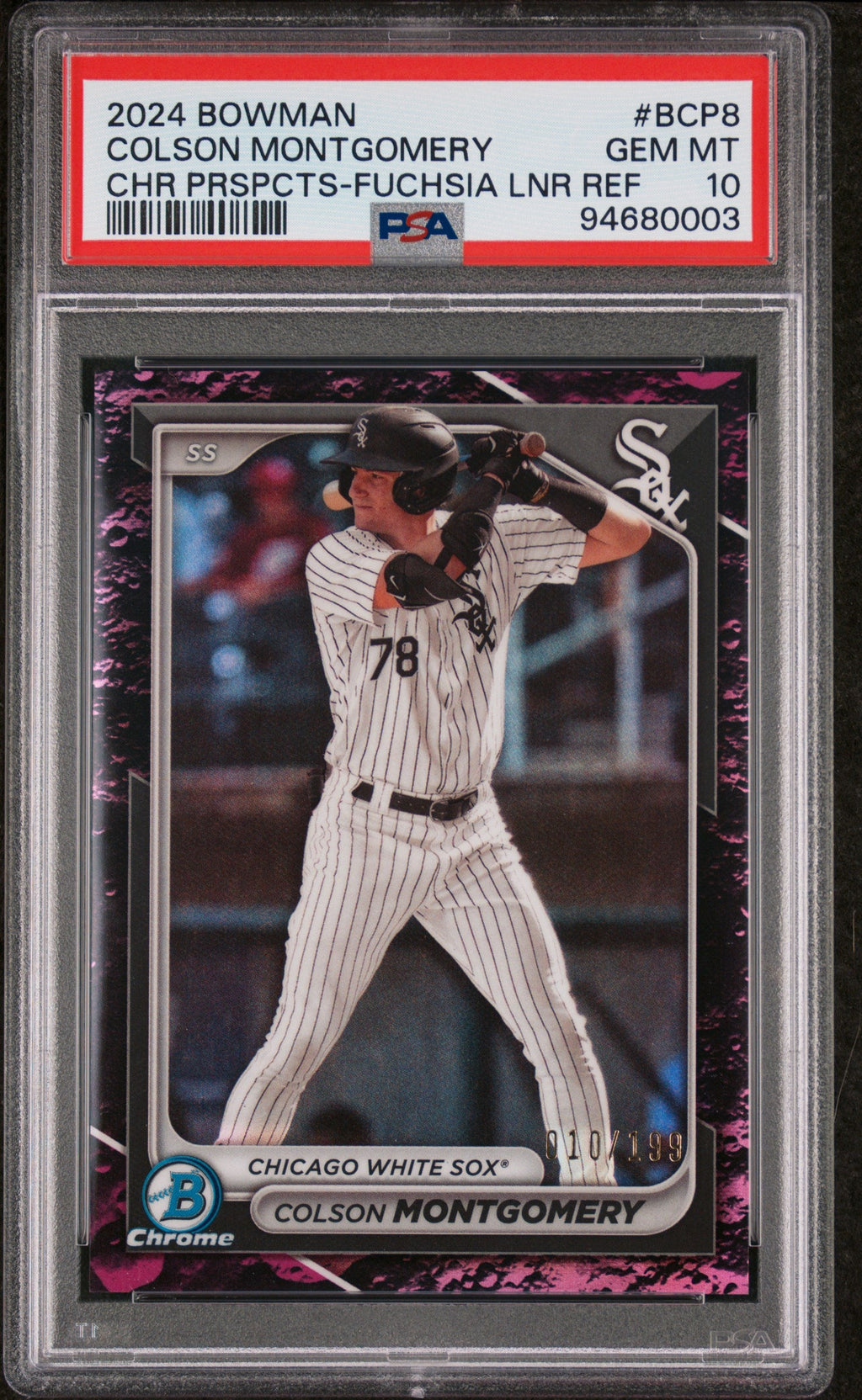 Graded 2024 Topps Bowman Colson Montgomery #BCP8 Chrome Prospects Fuchsia Lunar Refractor /199 Rookie RC Baseball Card PSA 10 Gem Mint