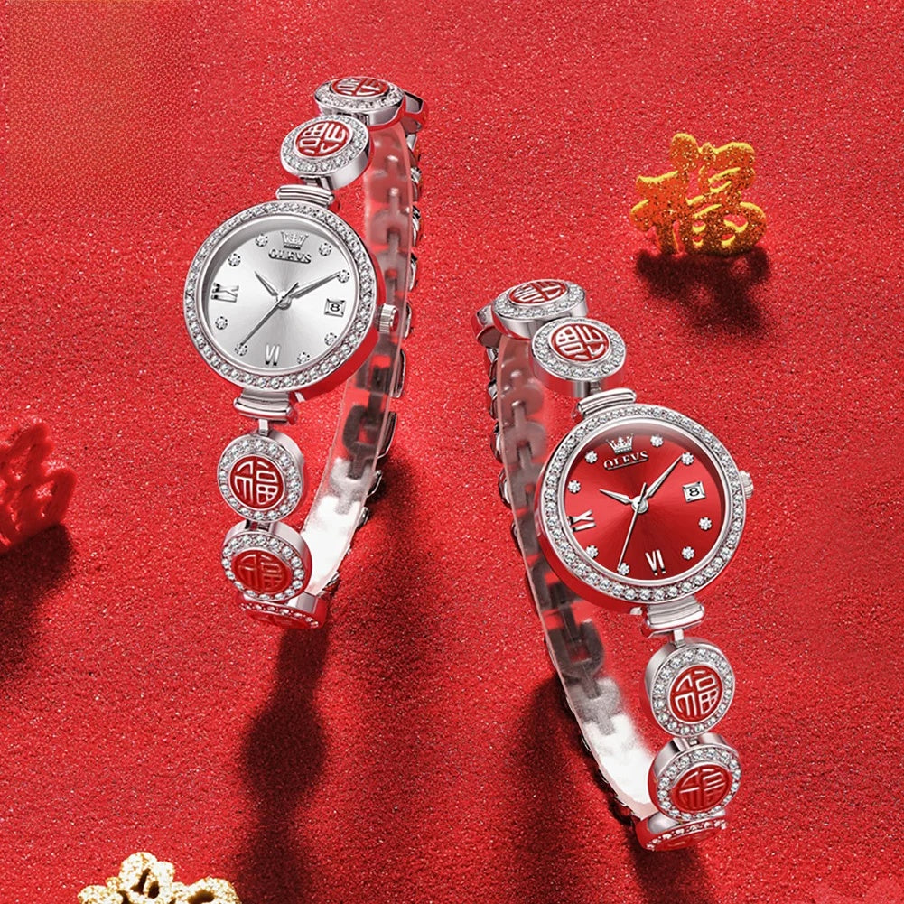 Women's Elegant Bracelet Quartz Watch Red Dial Waterproof