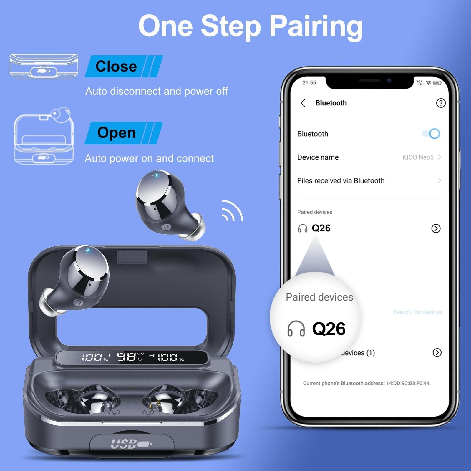 2023 Lekaby Earbuds, Wireless, Bluetooth 5.3, Deep Bass, LED Power Display, IP7