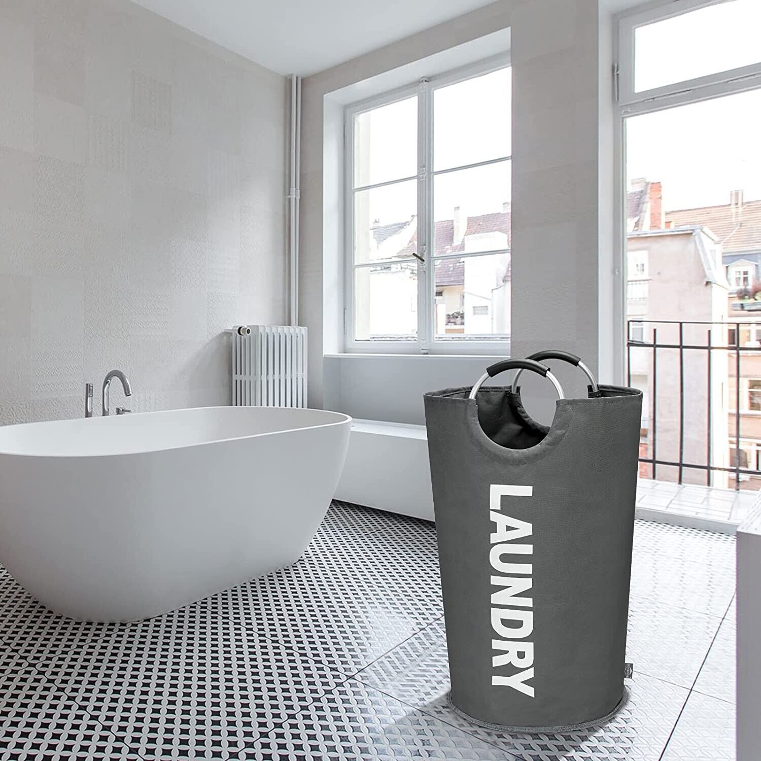 Dokehom Laundry Basket Gray W/ Handles Foldable Collapsible 14" x 28.5" New