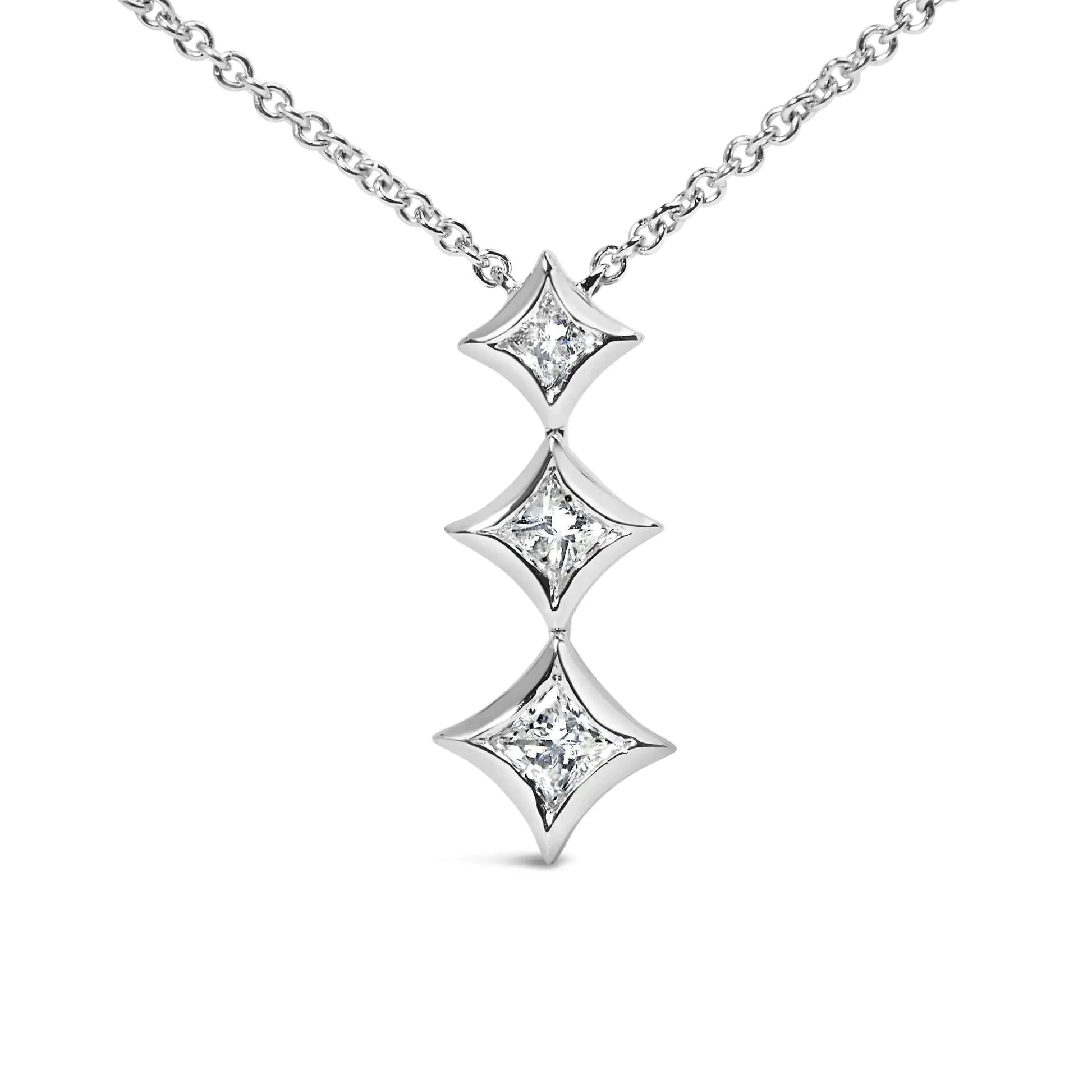 10K Gold 1/5 Cttw Princess Cut Diamond 3 Stone Drop 18" Pendant Necklace (H-I Color, SI2-I1 Clarity)
