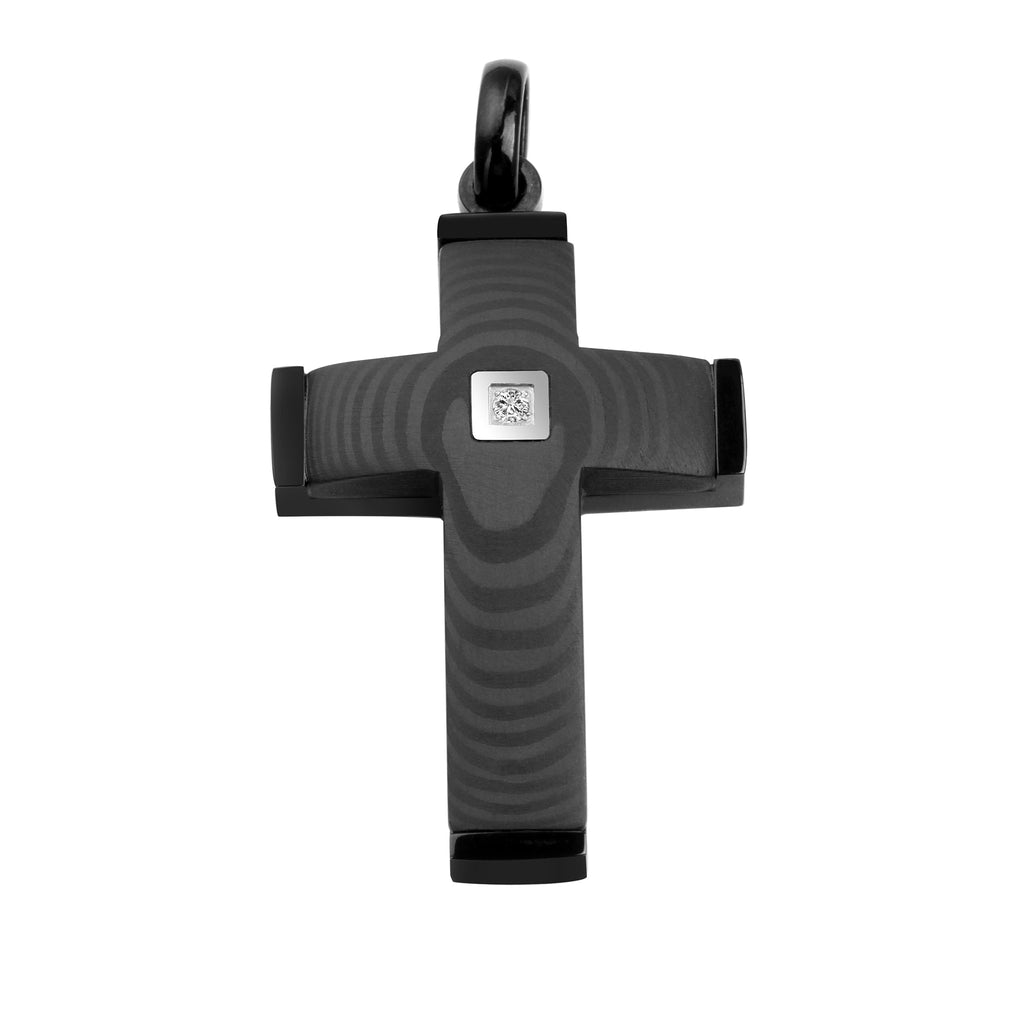 Black Stainless Steel Cross Pendant With Center Stone