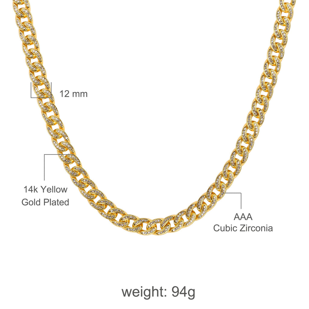 13mm Iced Out Cuban Link Chain Solid Brass Rhinestone Crystal Hip Hop Necklace 24 Inch
