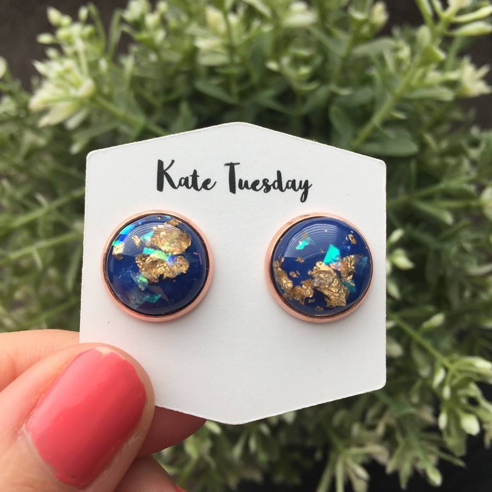 12mm Blue Gold Flake Stud Earrings Resin Dome Lightweight