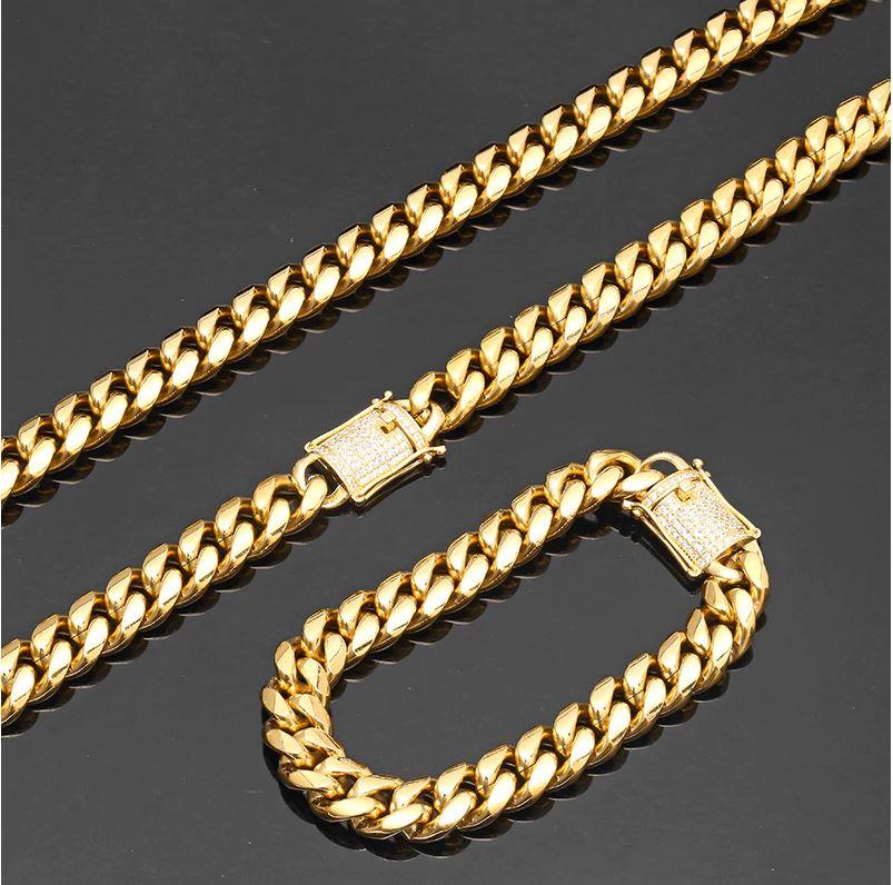 12MM CZ Cuban Link Chain Heavy Gold Iced Box Clasp Mens