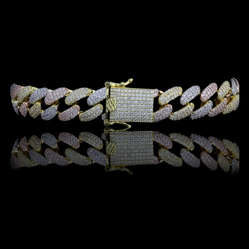 12MM Iced Cuban Link Bracelet Pave Stones Gold Plated