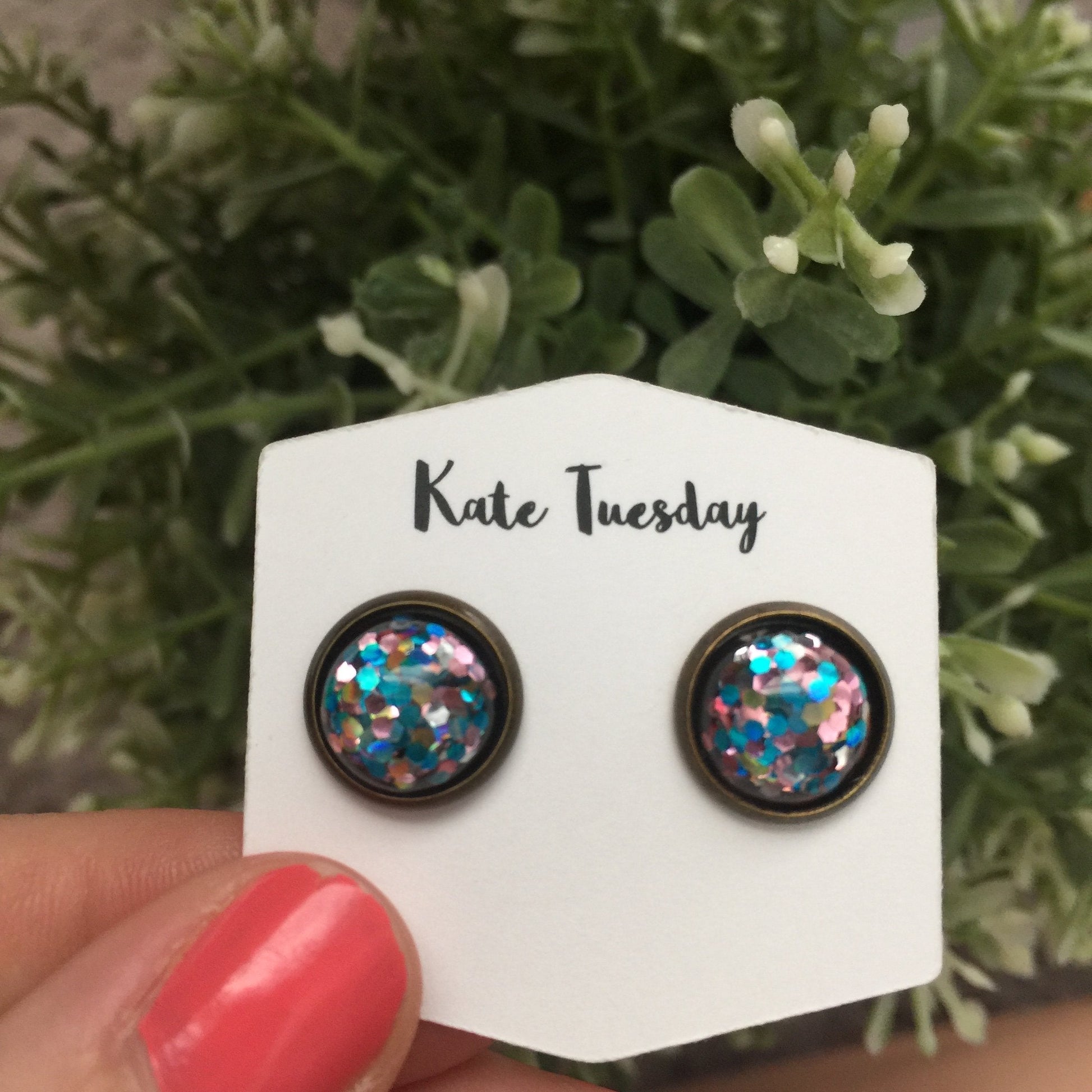 12mm Pink Blue Glitter Round Stud Earrings For Women