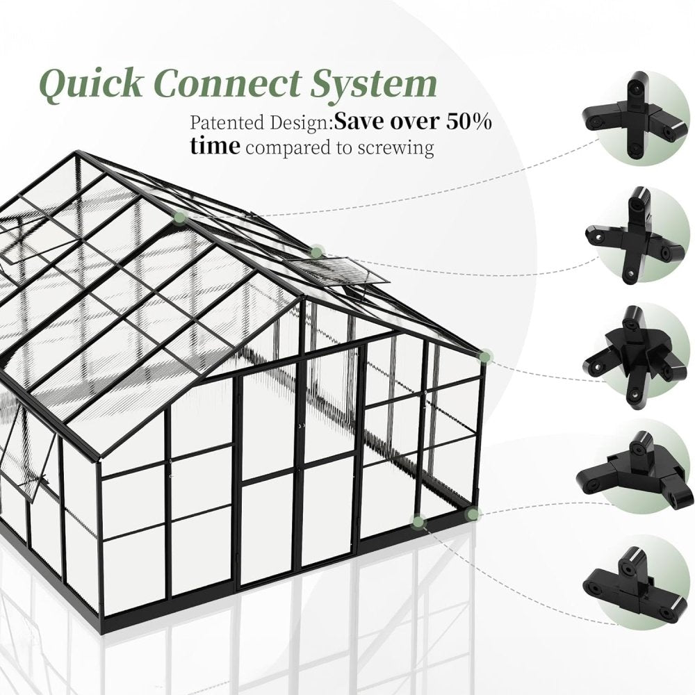 [12X13.5FT] Premium Extra-Large Outdoor Aluminum Poylcarbonate Greenhouse With Quick Connect Fitting (SAK63725)