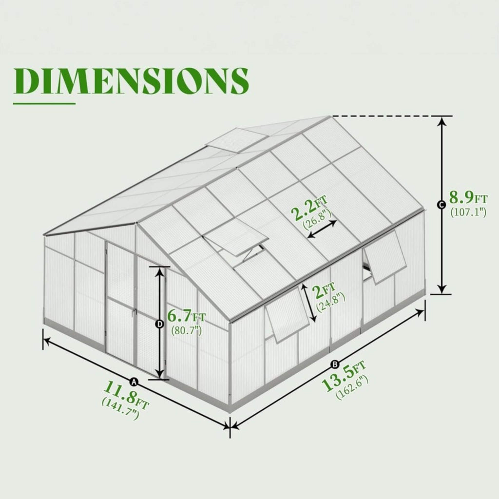 [12X13.5FT] Premium Extra-Large Outdoor Aluminum Poylcarbonate Greenhouse With Quick Connect Fitting (SAK63725)
