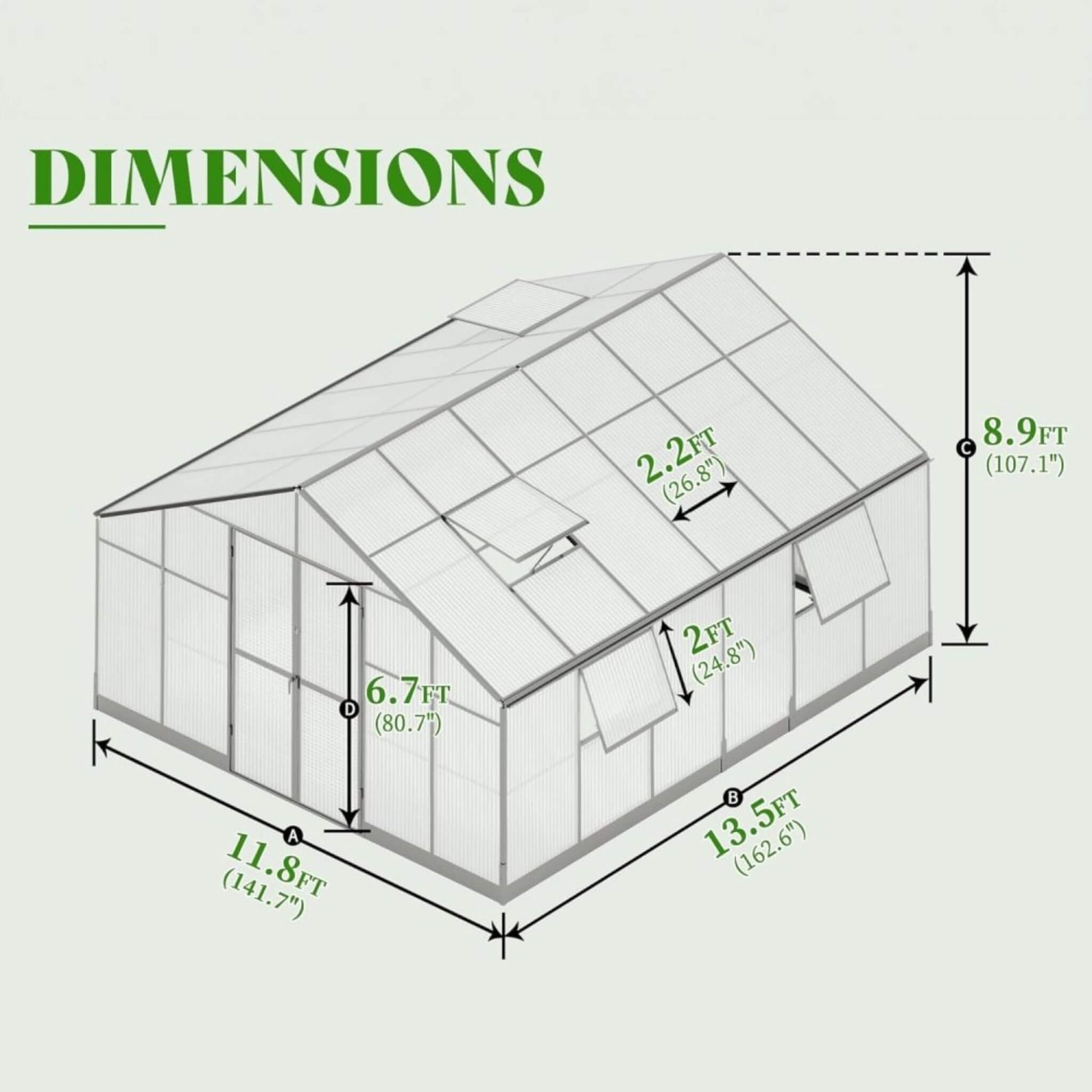 [12X13.5FT] Premium Extra-Large Outdoor Aluminum Poylcarbonate Greenhouse With Quick Connect Fitting (SAK63725)