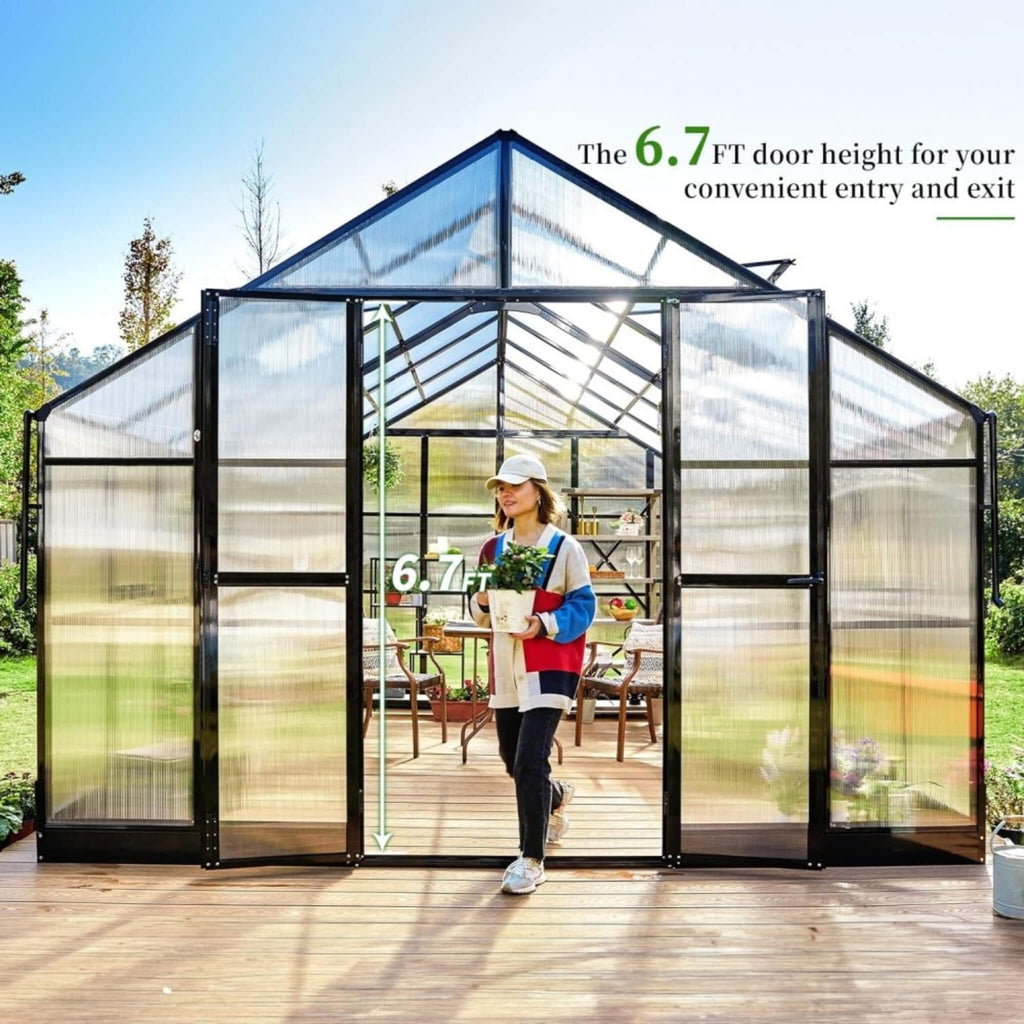 [12X13.5FT] Premium Extra-Large Outdoor Aluminum Poylcarbonate Greenhouse With Quick Connect Fitting (SAK63725)