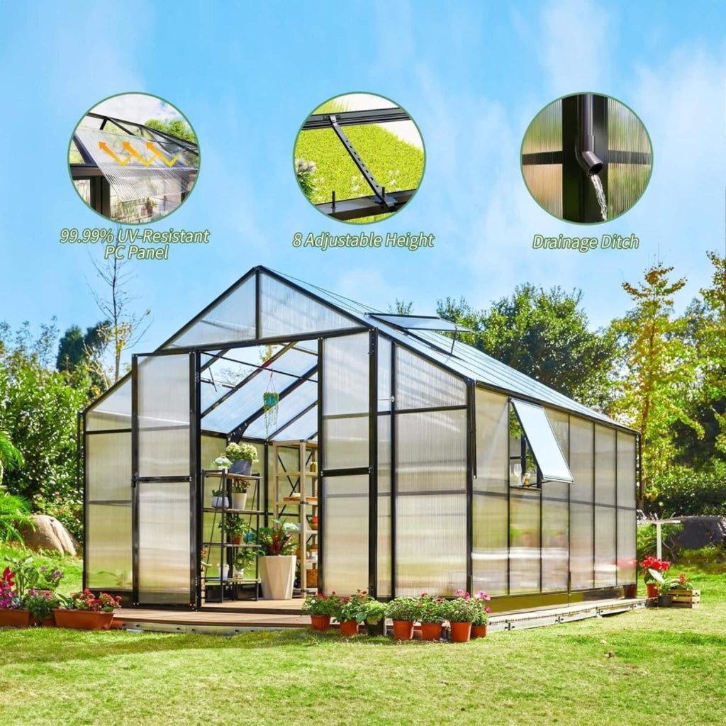 [12X13.5FT] Premium Extra-Large Outdoor Aluminum Poylcarbonate Greenhouse With Quick Connect Fitting (SAK63725)