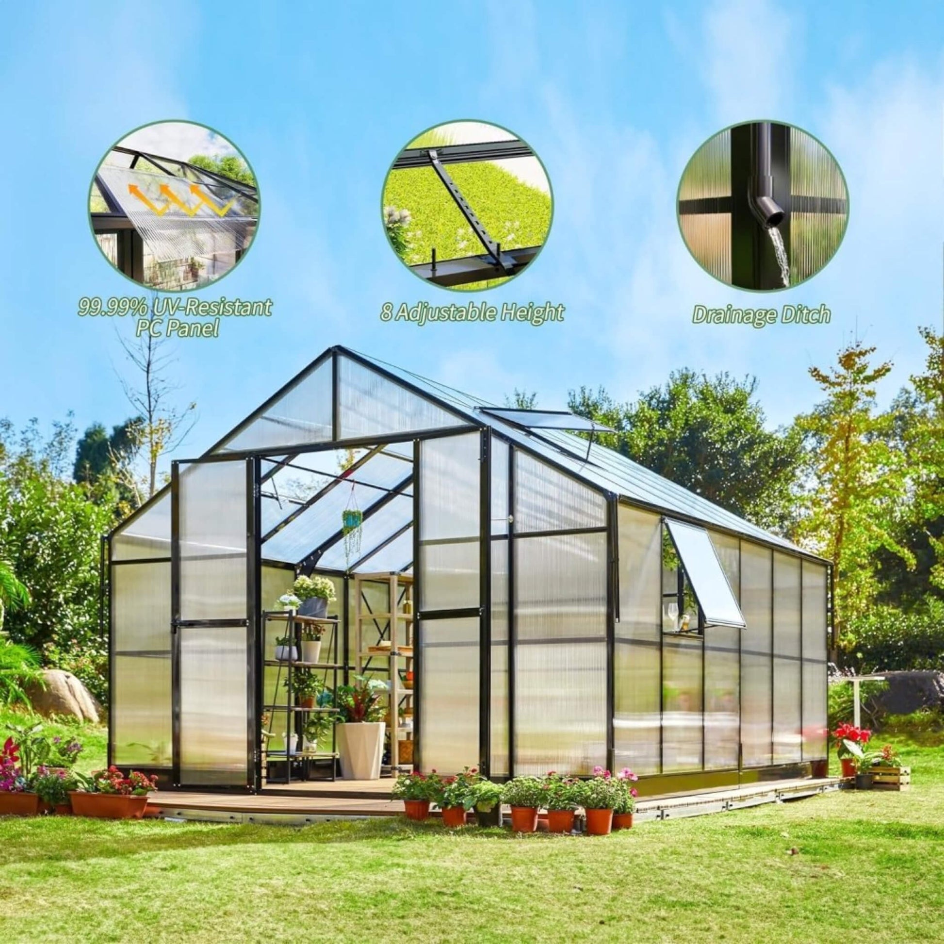 [12X13.5FT] Premium Extra-Large Outdoor Aluminum Poylcarbonate Greenhouse With Quick Connect Fitting (SAK63725)