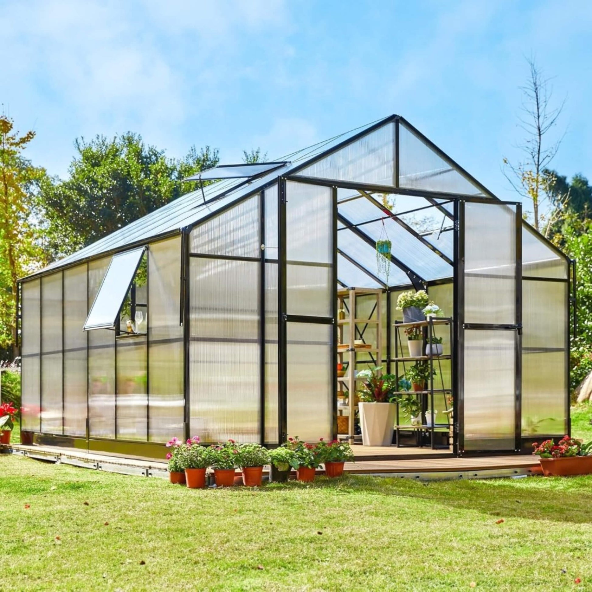 [12X13.5FT] Premium Extra-Large Outdoor Aluminum Poylcarbonate Greenhouse With Quick Connect Fitting (SAK63725)