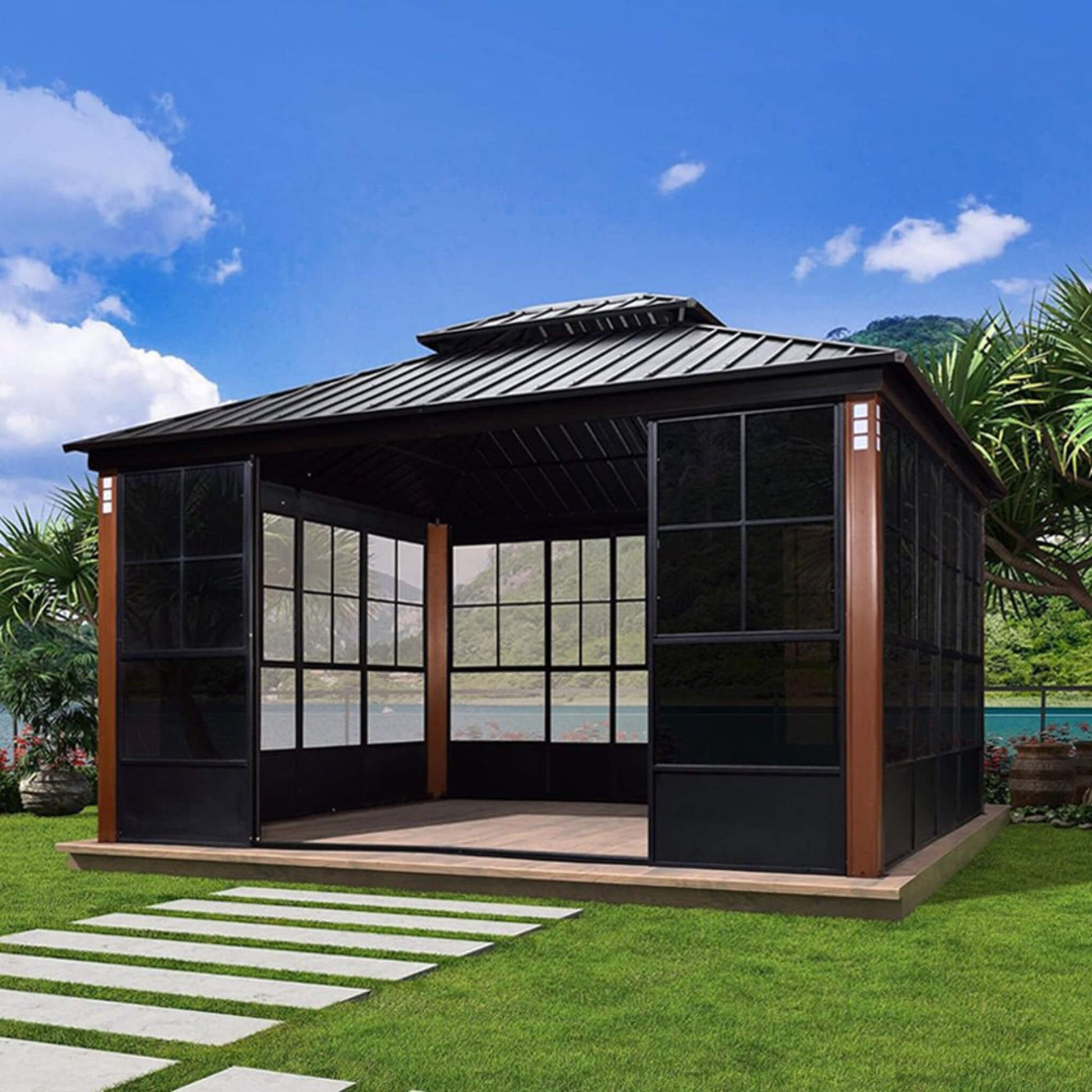 Alora Prestige Large Heavy-Duty Outdoor Aluminum Patio Hard Double Steel Top Backyard Sunroom (SAK65732)