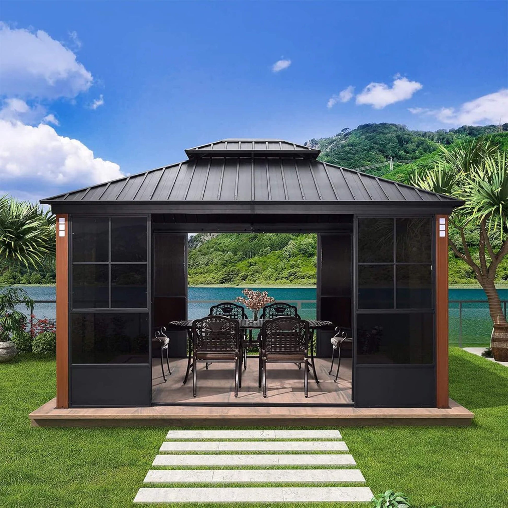 Alora Prestige Large Heavy-Duty Outdoor Aluminum Patio Hard Double Steel Top Backyard Sunroom (SAK65732)