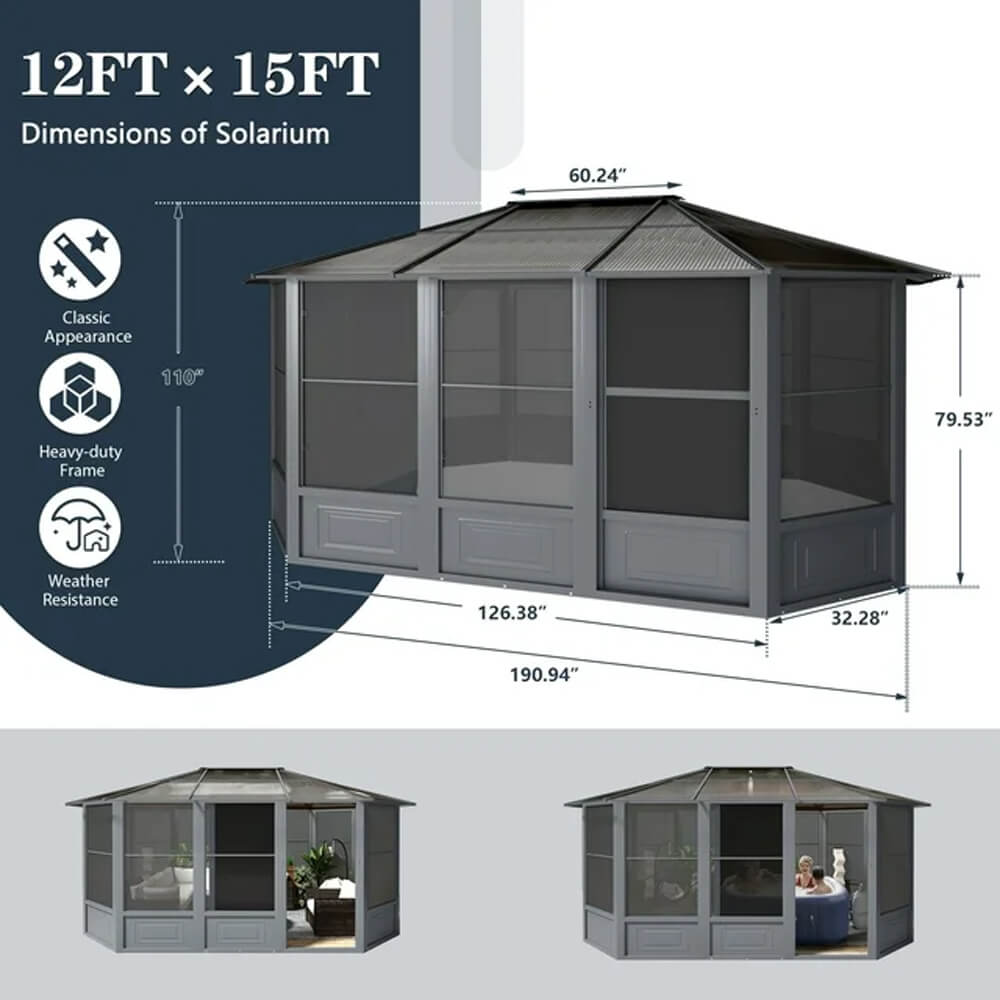 [12X15FT] Alora Skyview Extra-Large Premium Outdoor All-Season Polycarbonate Hardtop Solarium Sunroom With Sliding Doors (SAK69584)