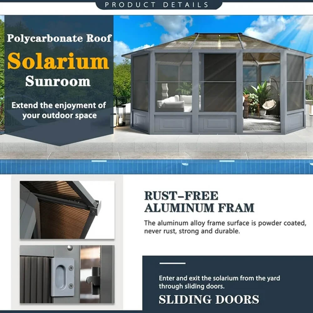 [12X15FT] Alora Skyview Extra-Large Premium Outdoor All-Season Polycarbonate Hardtop Solarium Sunroom With Sliding Doors (SAK69584)