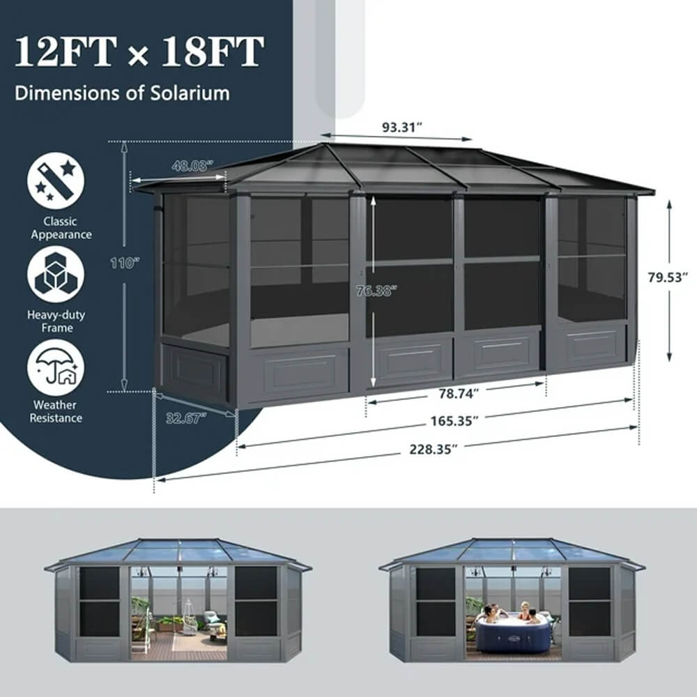 [12X18FT] Alora Grandview Large Luxury Outdoor All-Season Aluminum Solarium Sunroom With Polycarbonate Hardtop And Sliding Doors (SAK35948)