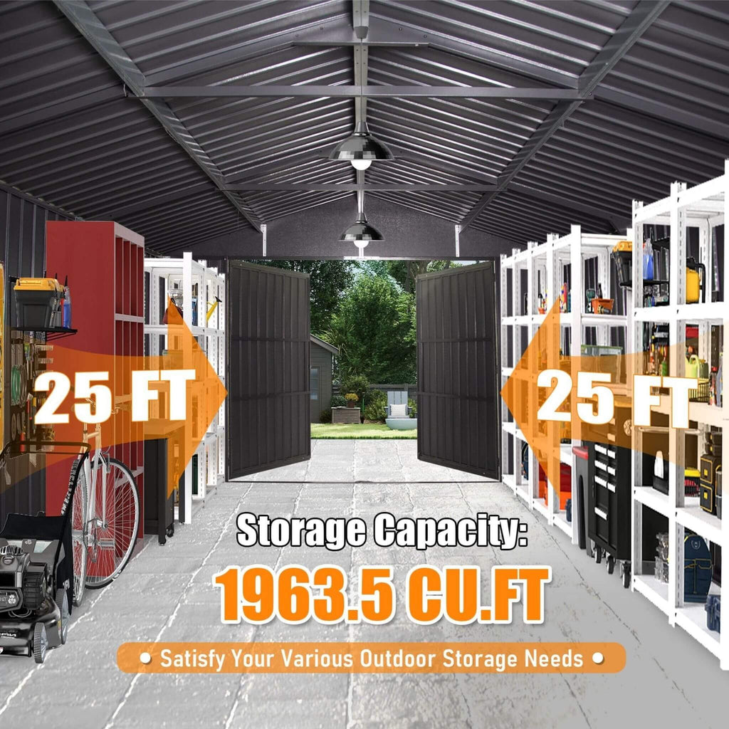 [12X25FT] Alora Extra Large Heavy-Duty Outdoor Metal Carport Garage Shed With Lockable Double Hinged Doors (SAK34153)