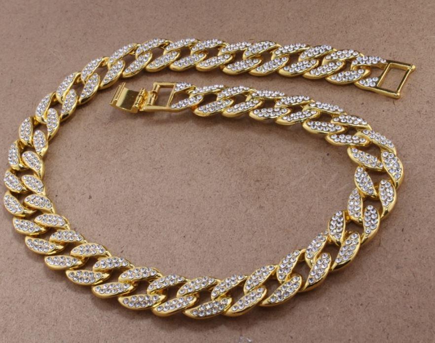 13mm Iced Out Cuban Link Chain Solid Brass Rhinestone Crystal Hip Hop Necklace 24 Inch
