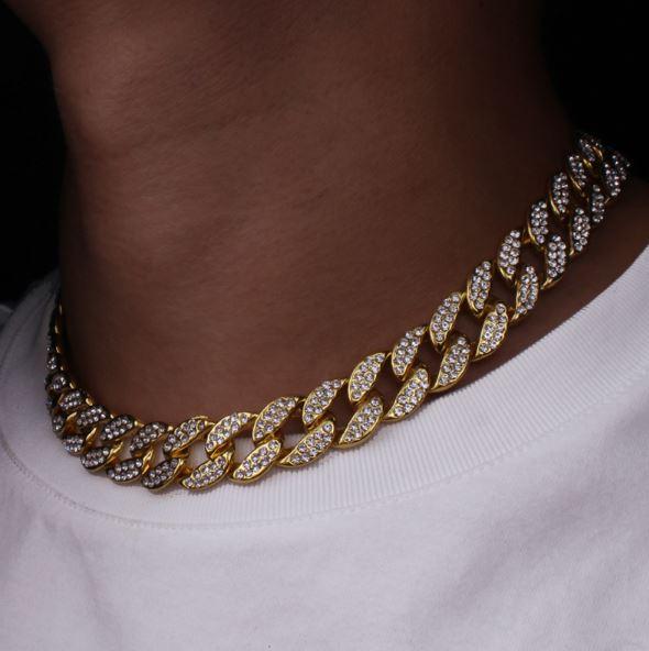 13mm Iced Out Cuban Link Chain Solid Brass Rhinestone Crystal Hip Hop Necklace 24 Inch