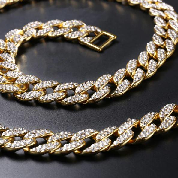13mm Iced Out Cuban Link Chain Solid Brass Rhinestone Crystal Hip Hop Necklace 24 Inch