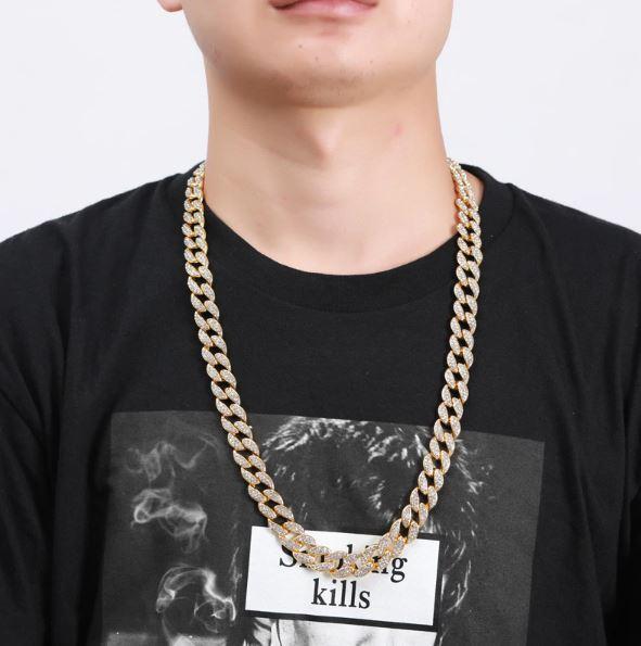 13mm Iced Out Cuban Link Chain Solid Brass Rhinestone Crystal Hip Hop Necklace 24 Inch