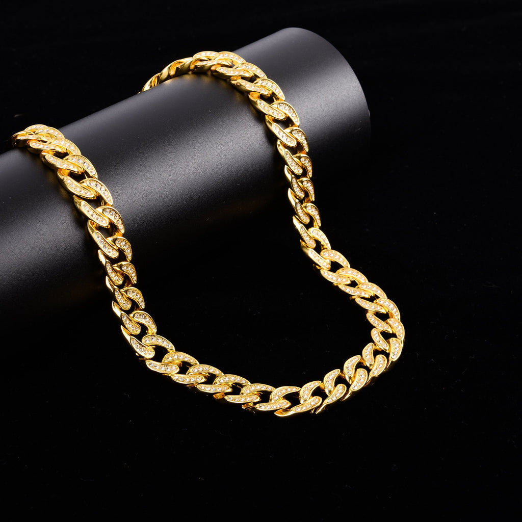 13mm Iced Out Cuban Link Chain Solid Brass Rhinestone Crystal Hip Hop Necklace 24 Inch