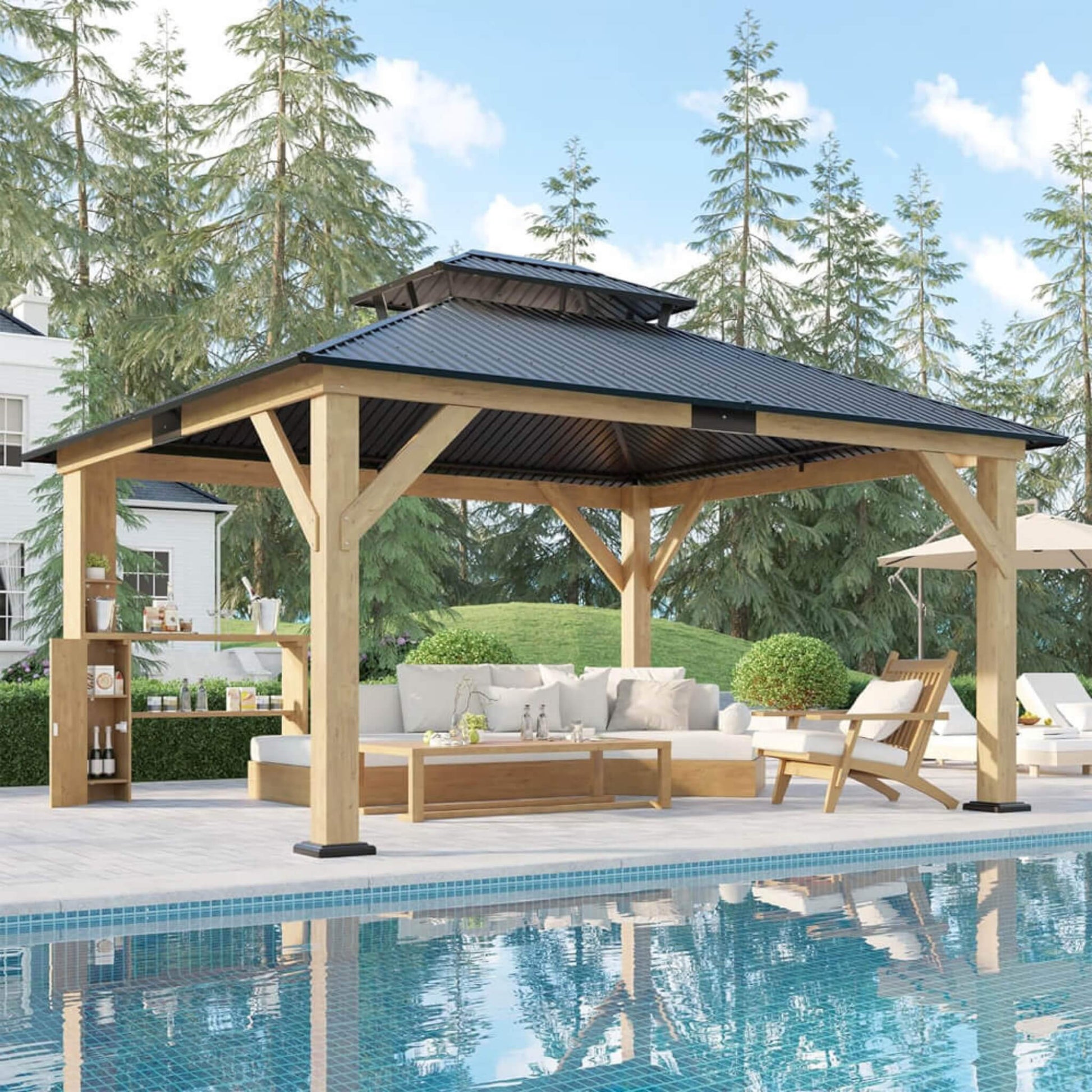 [13X15FT] Alora Premium Outdoor All-Season Wooden Cedar Hardtop Gazebo Carport With Double Iron Roof (SAK35187)