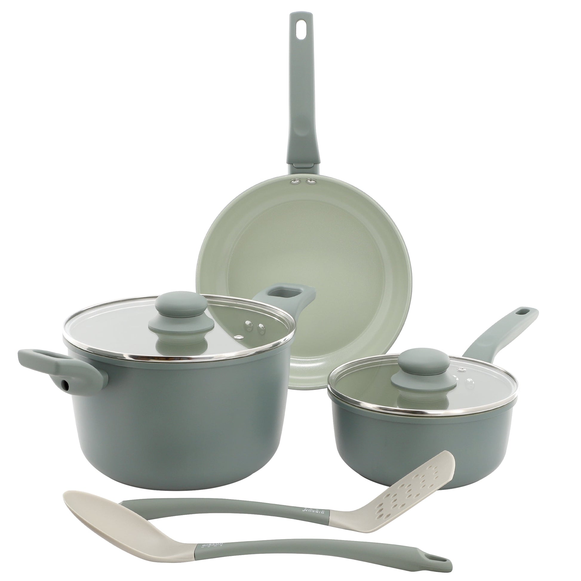Gibson Home Barnsdall 7 Piece Ceramic Nonstick Aluminum Cookware Set in Sage Green