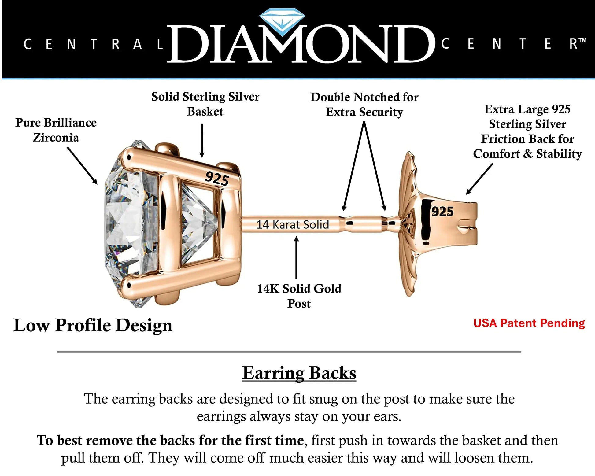 14K Solid Gold Post & Silver Simulated Diamond Stud Earrings