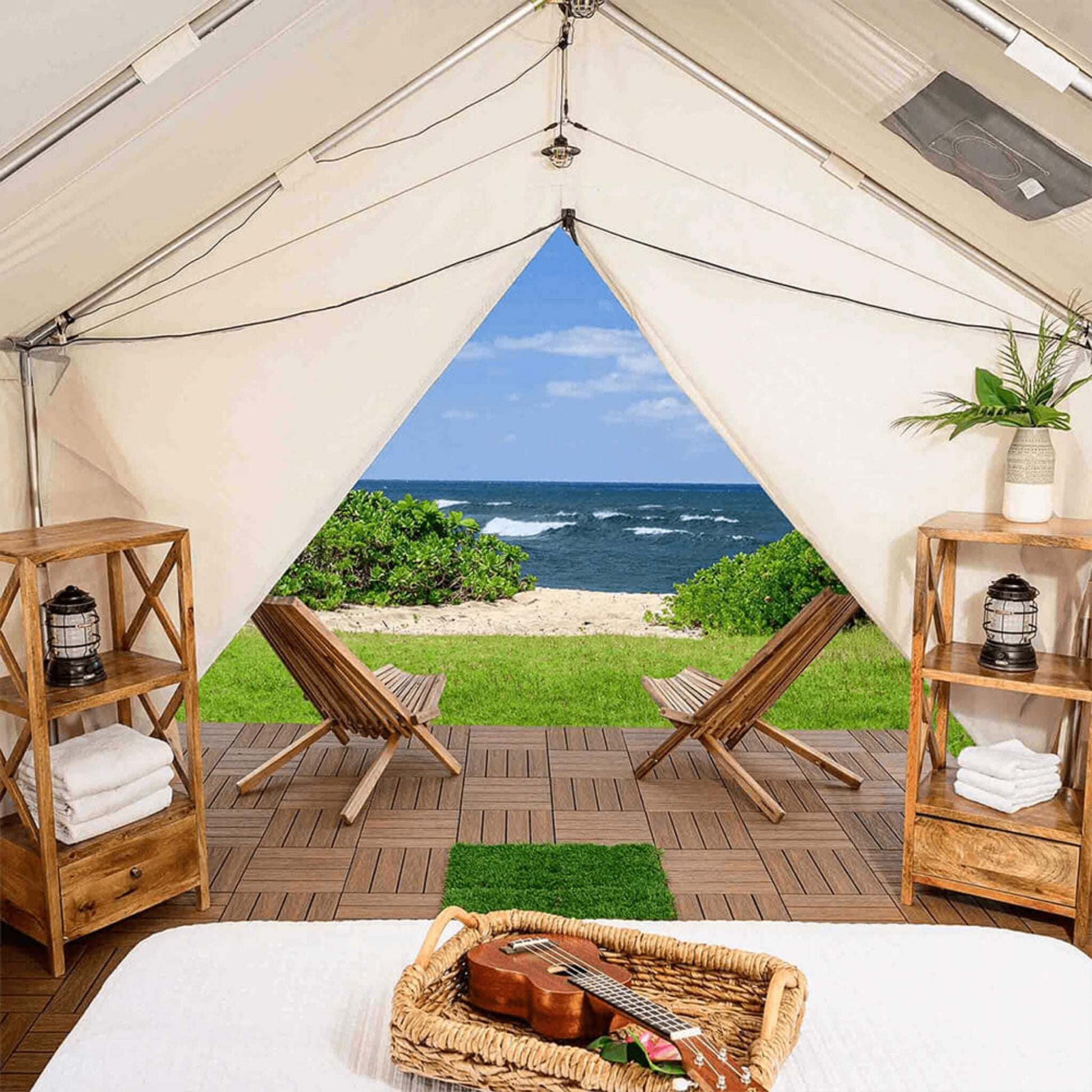 [14X16FT] White Duck Alpha Wall Tent With Heavy-Duty Frame And Bug Mesh Windows (SAK73214)