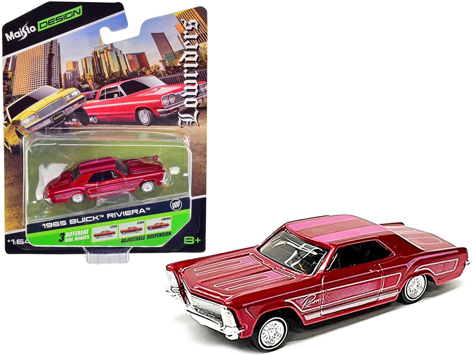 1965 Buick Riviera Lowrider Candy Red with Stripes "Lowriders" Series 1/64 Diecast Model Car by Maisto