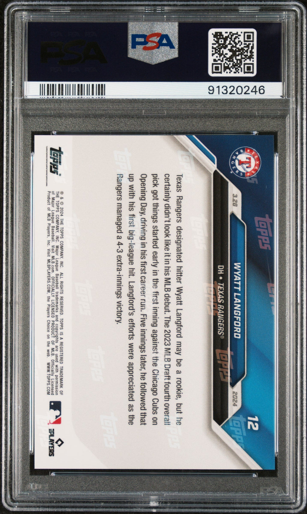 Graded 2024 Topps Now Wyatt Langford #12 Rookie RC Baseball Card PSA 10 Gem Mint