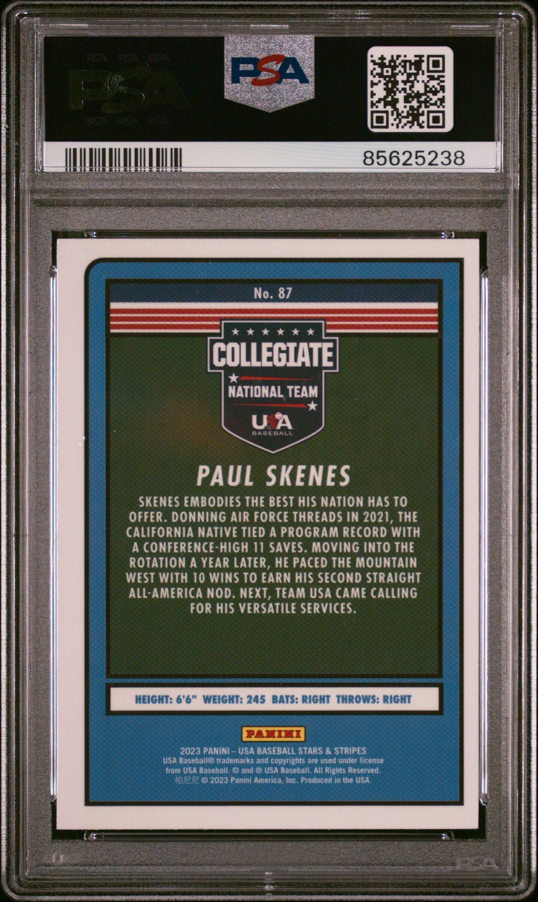 Graded 2023 Panini Stars & Stripes USA Paul Skenes #87 Rookie RC Baseball Card PSA 9 Mint