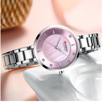 Women's Slim Stainless Link Bracelet Watch Pink Dial
