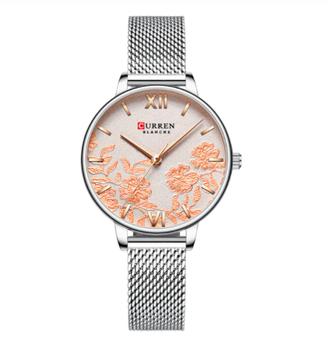 Women's Silver Mesh Watch Floral Dial Slim Dress Elegant