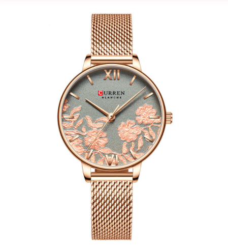 Women's Rose Gold Floral Dial Slim Mesh Strap Watch