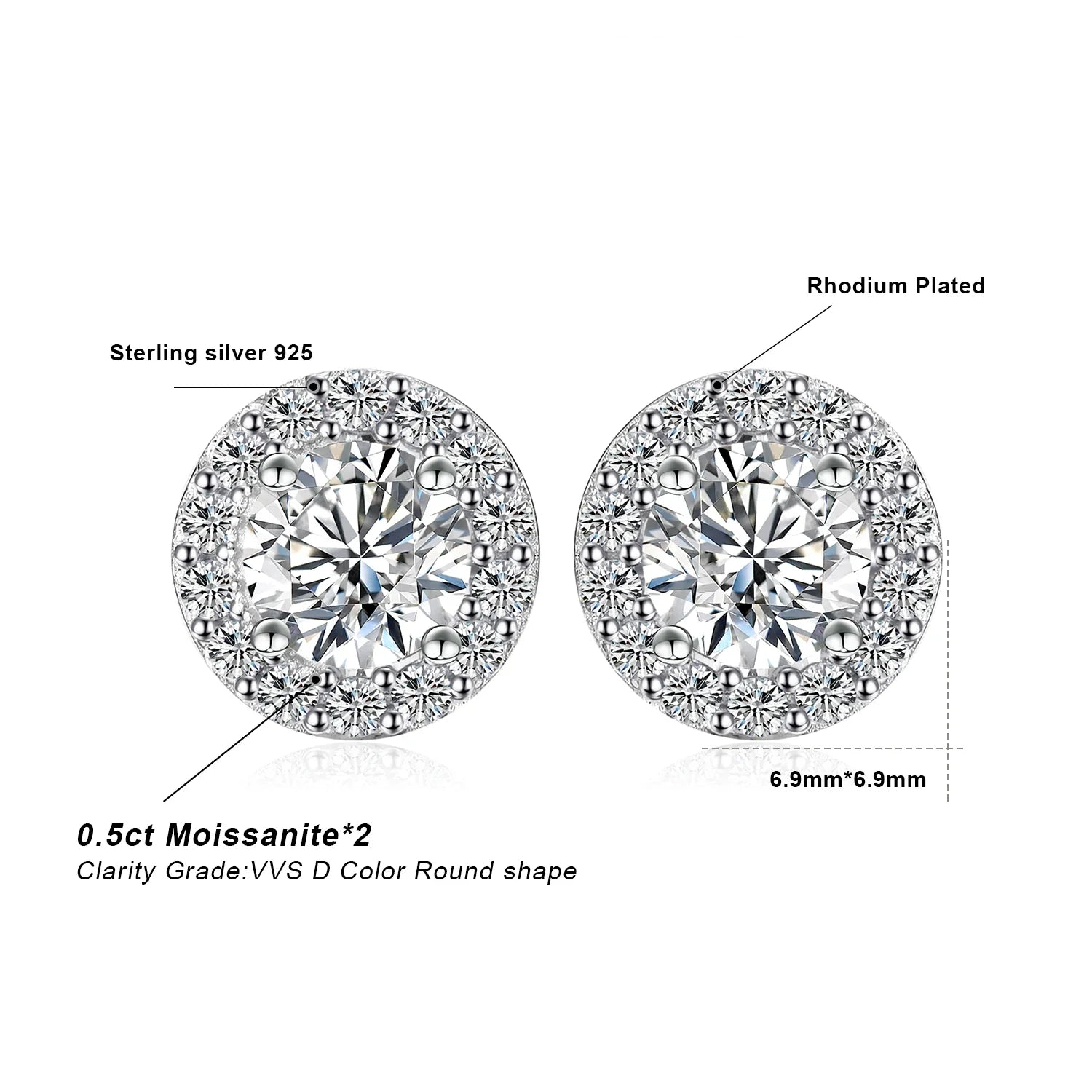 1ct Round D-Color Moissanite Halo Stud Earrings 925 Sterling Silver Plated