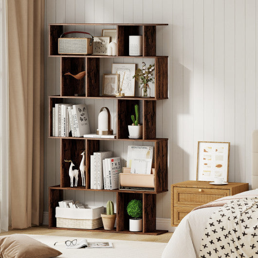 Geometric Bookshelf Set of 2 5-Tier Bookcase with Open Shelves and Closed-back Cubes-Brown