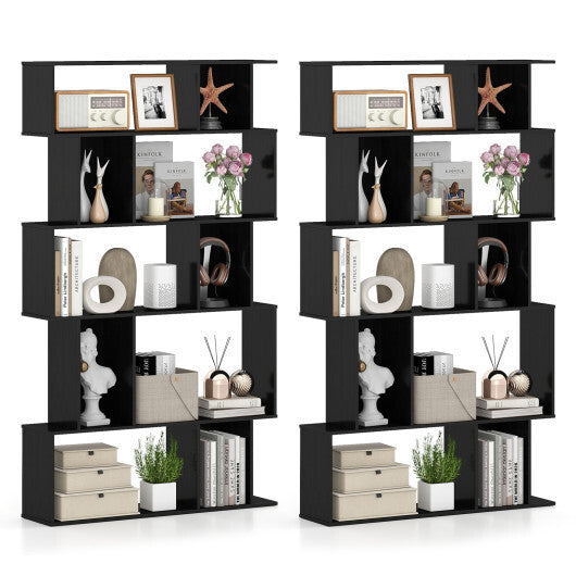 Geometric Bookshelf Set of 2 5-Tier Bookcase with Open Shelves and Closed-back Cubes-Brown