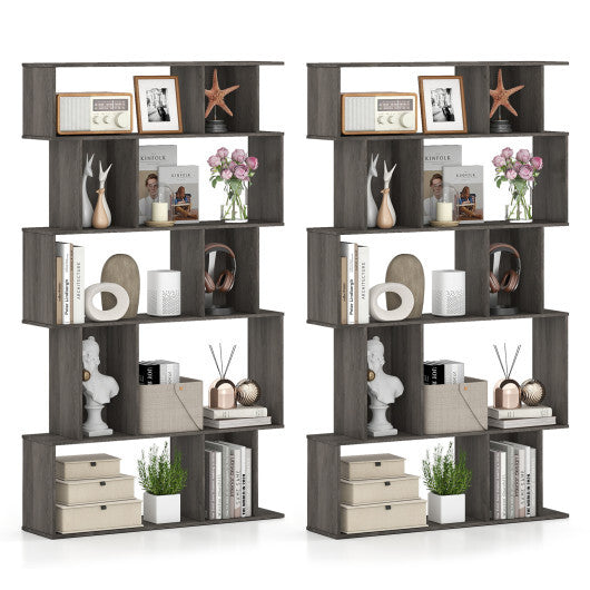 Geometric Bookshelf Set of 2 5-Tier Bookcase with Open Shelves and Closed-back Cubes-Brown